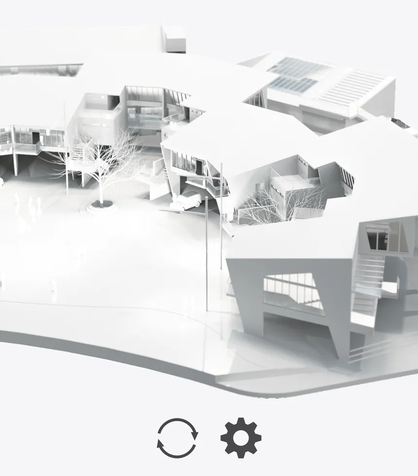 Rendering 3D di edifici in colore bianco con possibile integrazione in virtual tour. ONpixel virtual tour dolomiti Trentino Primiero