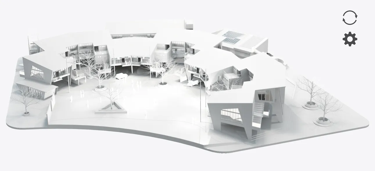 Rendering 3D di edifici in colore bianco con possibile integrazione in virtual tour. ONpixel virtual tour dolomiti Trentino Primiero
