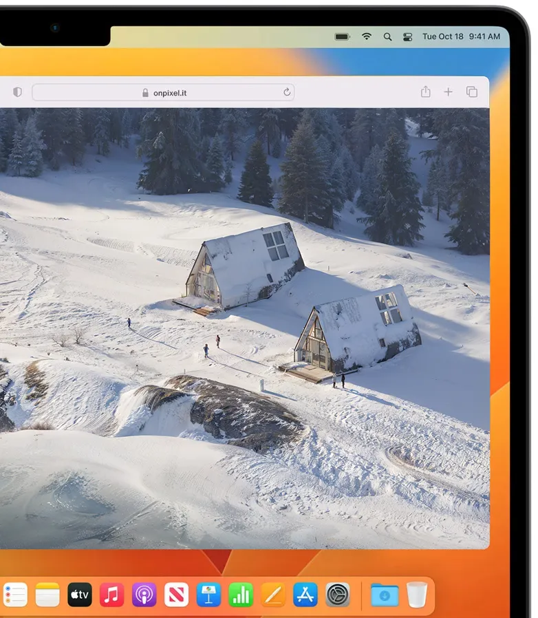 Schermo con una elaborazione 3d di due casette in legno nel bosco innevato. La scena è all'alba il paesaggio è stato ricreato simile a quello nelle Dolomiti in Trentino Alto Adige