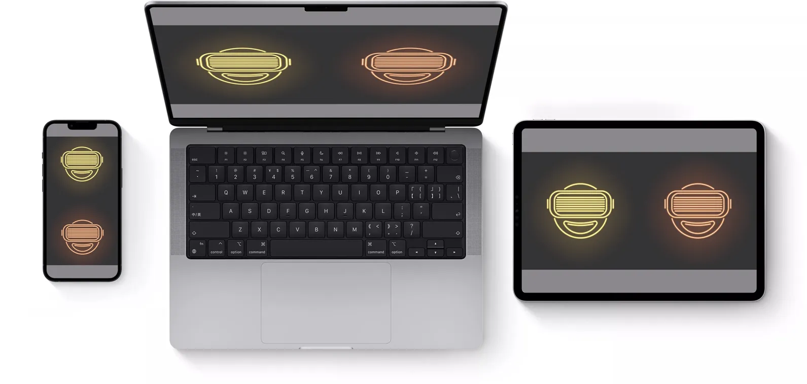 Smartphone, laptop, tablet con visualizzato uno smile effetto neon. Un virtual tour è compatibile su tutti i dispositivi.