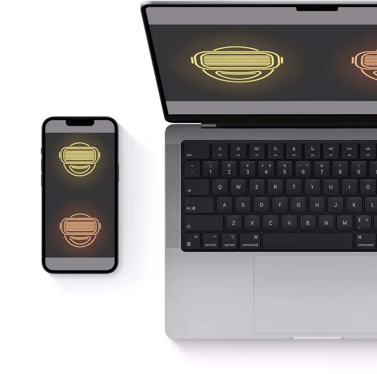Smartphone, laptop, tablet con visualizzato uno smile effetto neon. Un virtual tour è compatibile su tutti i dispositivi.